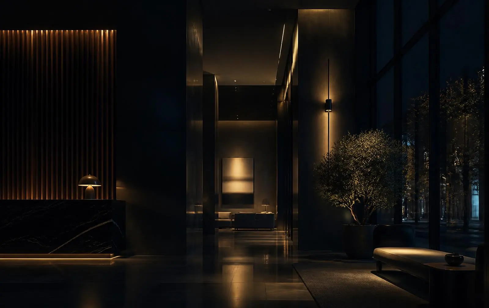 Luxury hotel lobby at night