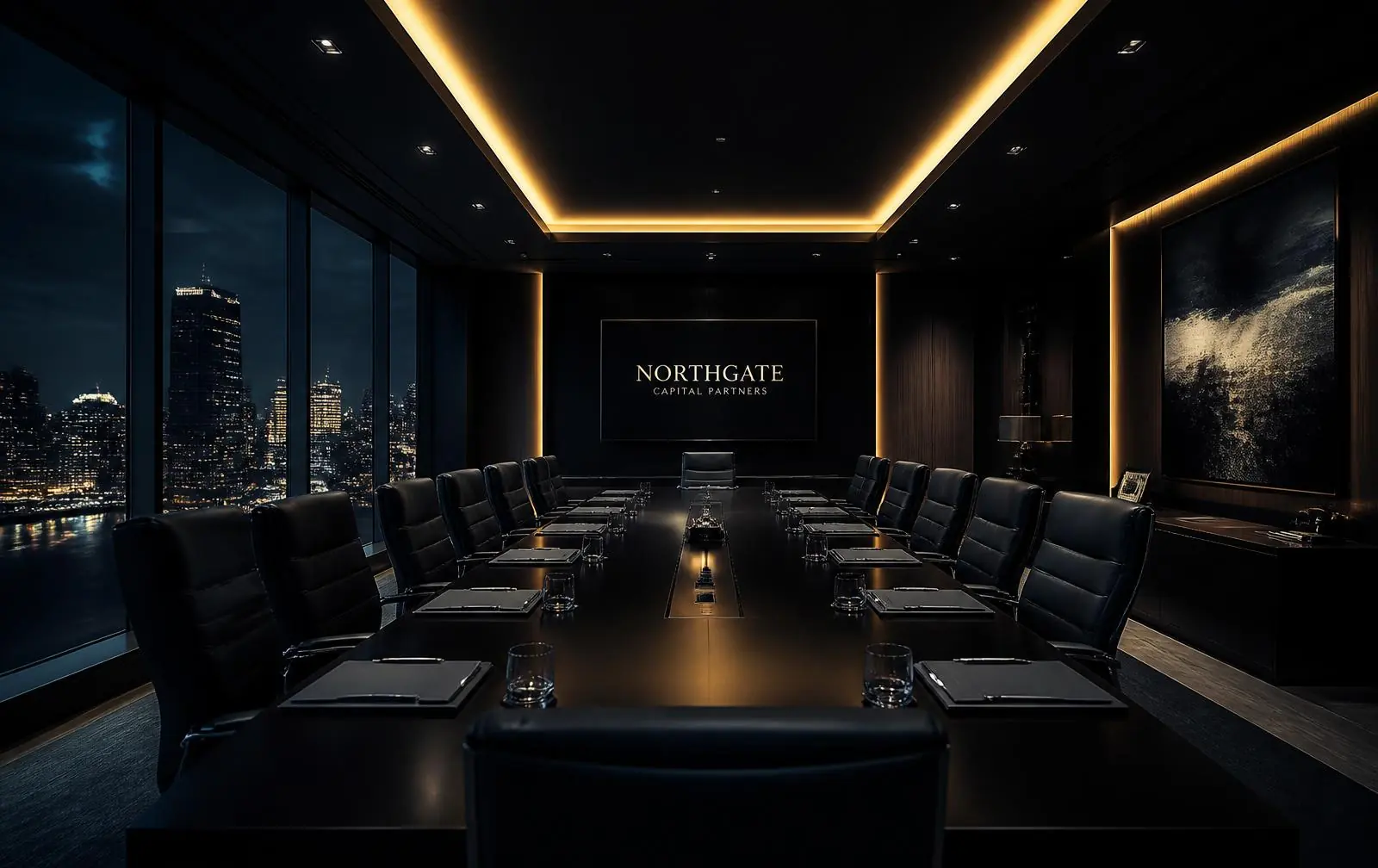 Private equity boardroom overlooking a city